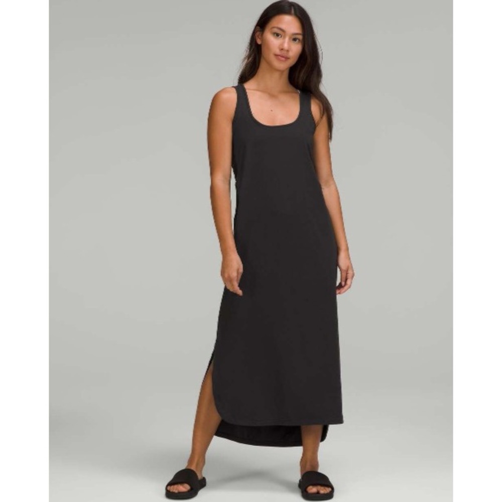 Lululemon Open Back Sleeveless Midi Dress Large Black Athletic Cutout Athleisure